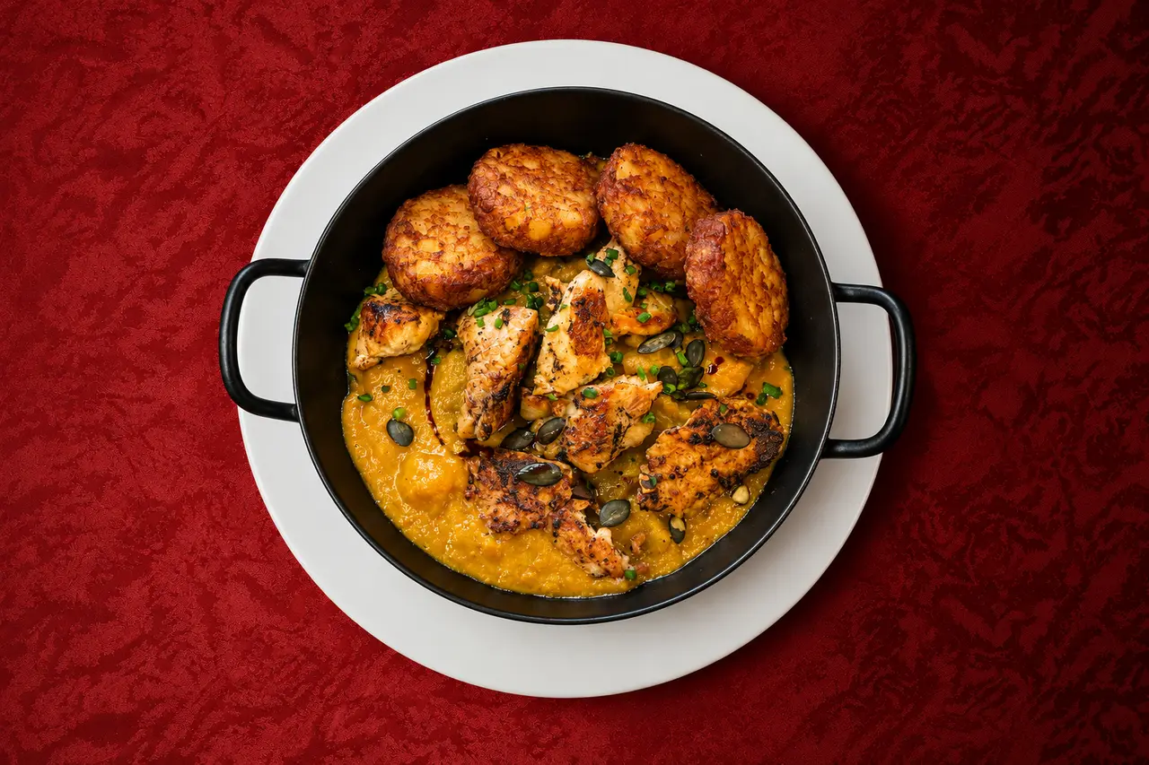 Kürbis-Curry-Pfandl aus Butterkürbis, mit gegrilltem Hühnerfleisch & Röstitalern