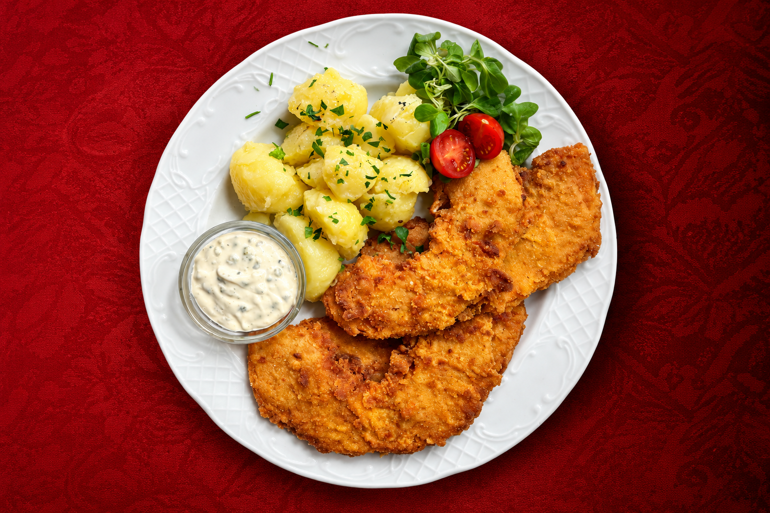 Kürbisschnitzel aus reifem Napolikürbis, mit Sauce Tartare & Salzkartoffeln