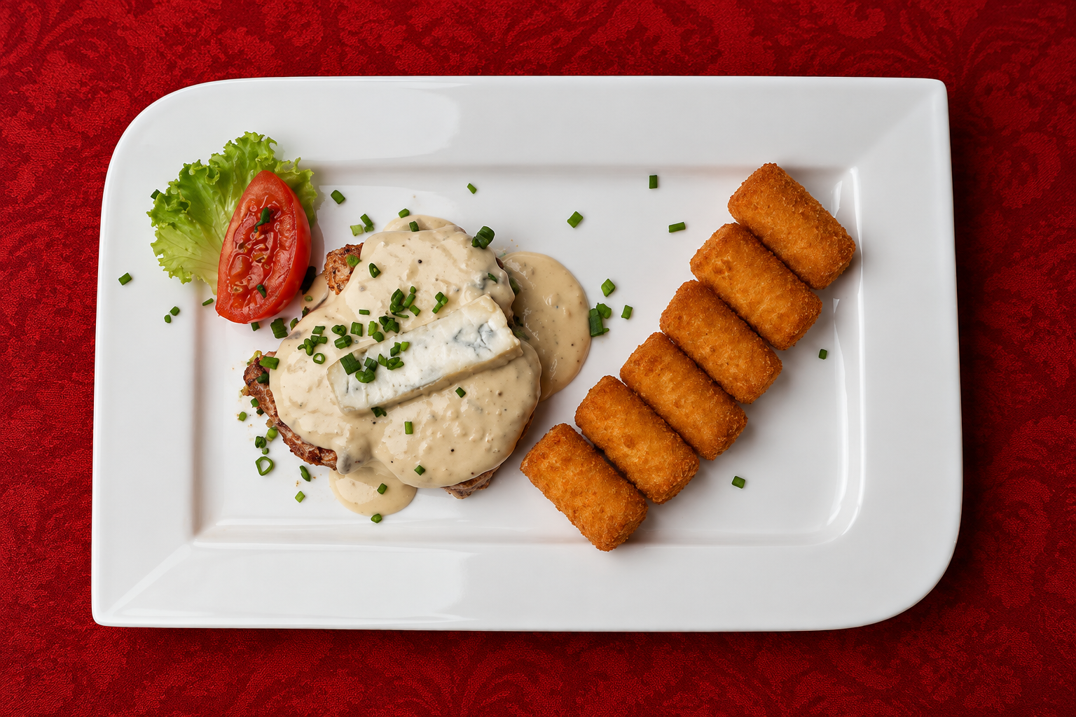 Schweinsfilet, mit Gorgonzolasauce & Kroketten
